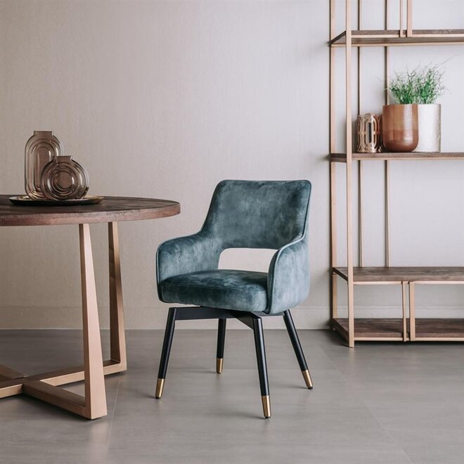 Lenno draaibare eetkamerstoel met arm - stof: Adore 31 Grey blue<br />
Frame: black painting with chromed golden end - 180 rotation - KD