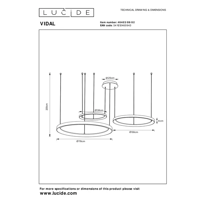 Lucide VIDAL - Hanglamp - Ø 78 cm - LED Dimb. - 1x120W 2700K - Mat Goud / Messing