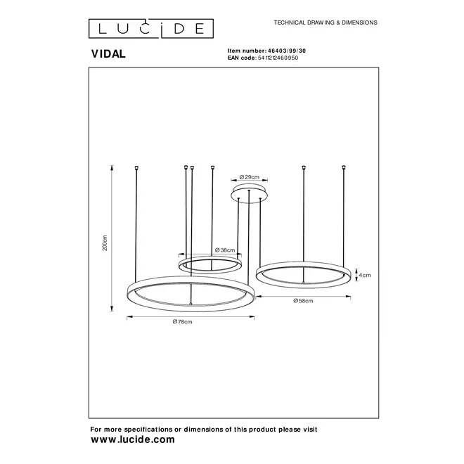 Lucide VIDAL - Hanglamp - Ø 78 cm - LED Dimb. - 1x120W 2700K - Zwart