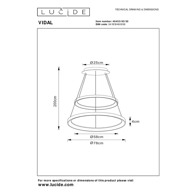 Lucide VIDAL - Hanglamp - Ø 78 cm - LED Dimb. - 1x92W 2700K - Zwart