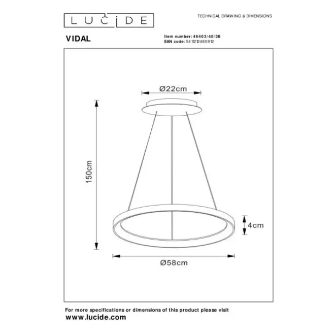 Lucide VIDAL - Hanglamp - Ø 58 cm - LED Dimb. - 1x48W 2700K - Zwart