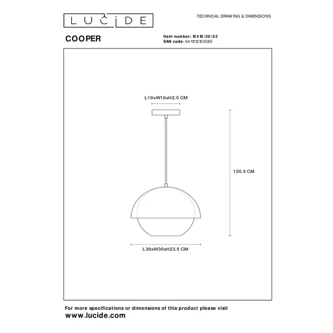 Lucide COOPER - Hanglamp - Ø 30 cm - 1xE27 - Mat Goud / Messing