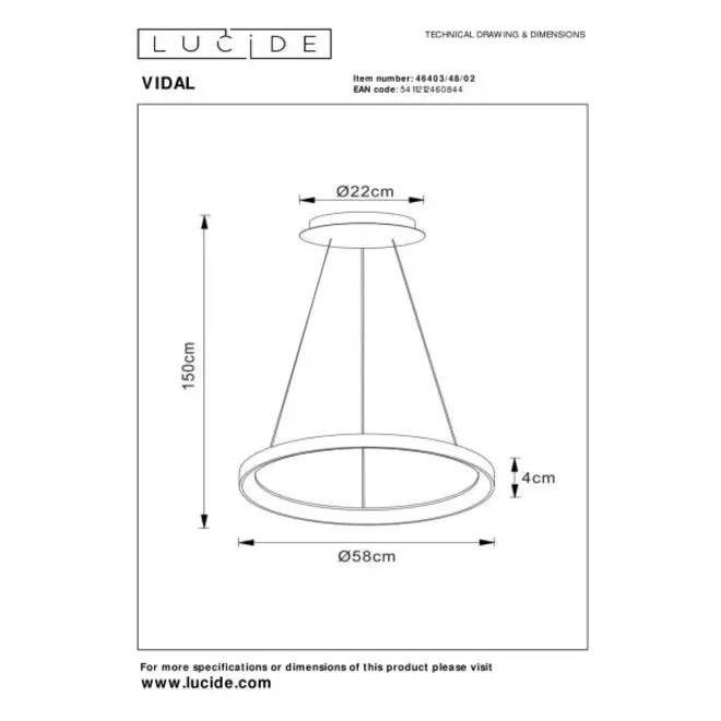 Lucide VIDAL - Hanglamp - Ø 58 cm - LED Dimb. - 1x48W 2700K - Mat Goud / Messing