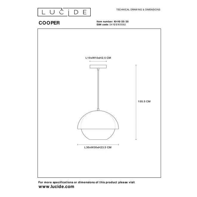 Lucide COOPER - Hanglamp - Ø 30 cm - 1xE27 - Zwart