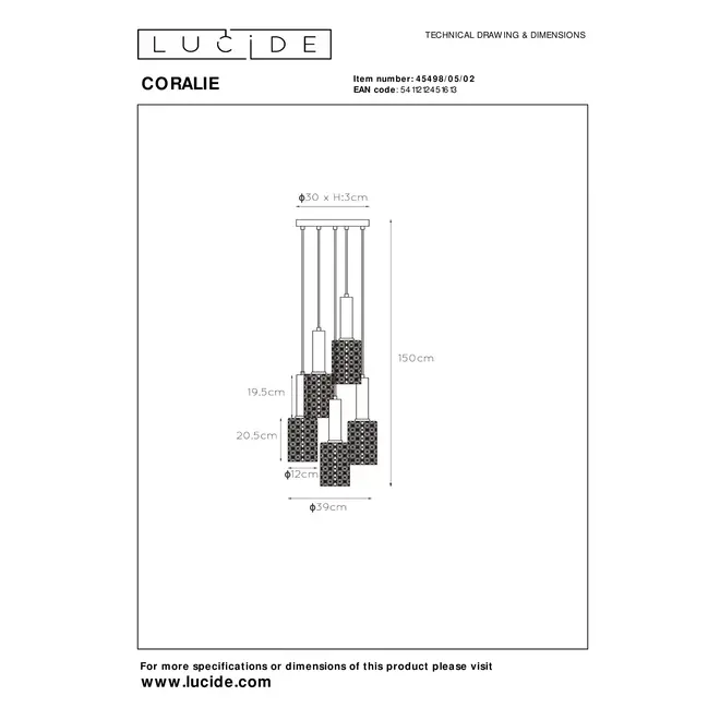 Lucide CORALIE - Hanglamp - Ø 30 cm - 5xE27 - Mat Goud / Messing