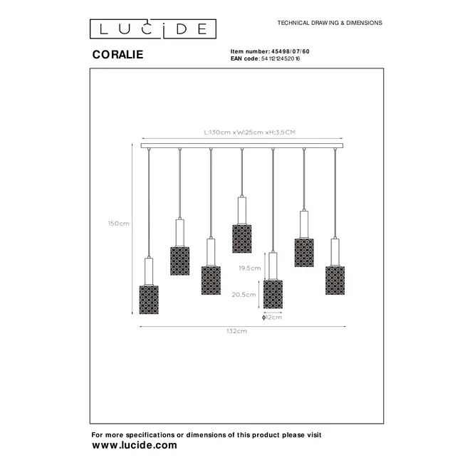 Lucide CORALIE - Hanglamp - 7xE27 - Transparant