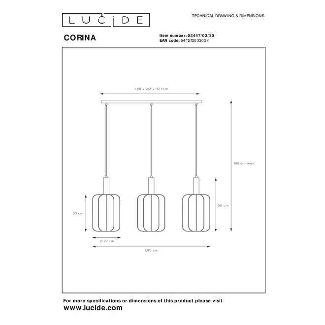 Lucide CORINA - Hanglamp - 3xE27 - Zwart