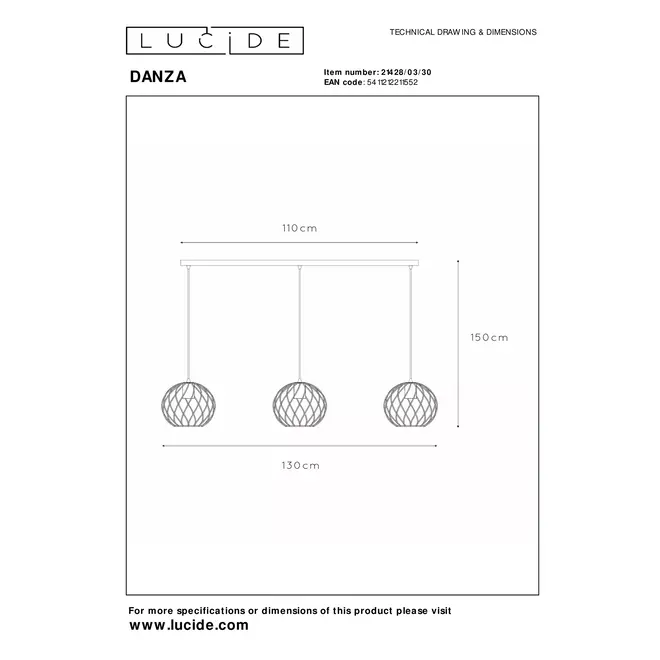 Lucide DANZA - Hanglamp - 3xE27 - Zwart