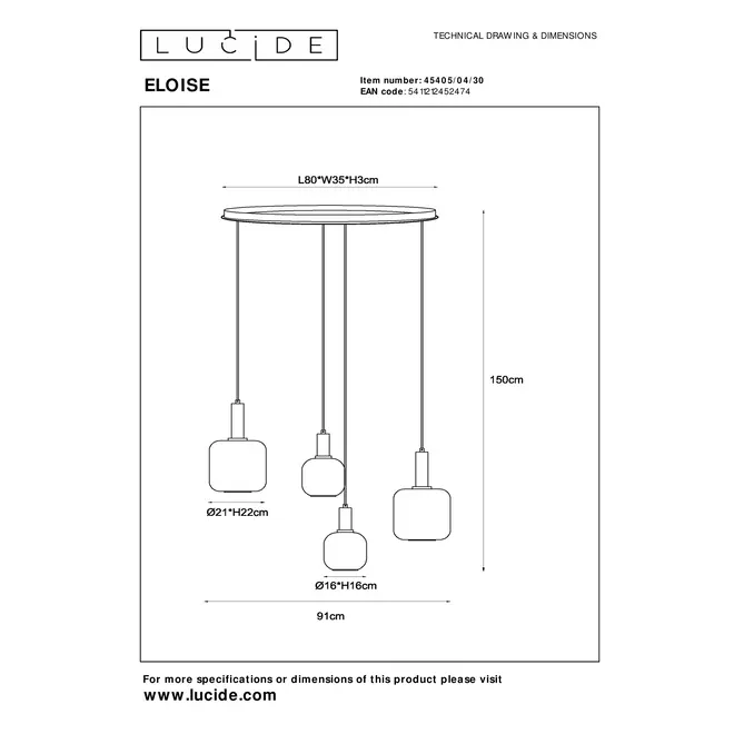 Lucide ELOISE - Hanglamp - 4xE27 - Zwart