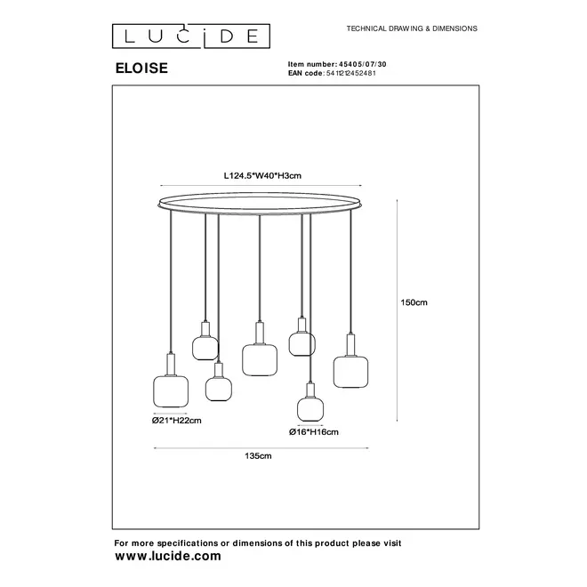 Lucide ELOISE - Hanglamp - 7xE27 - Zwart