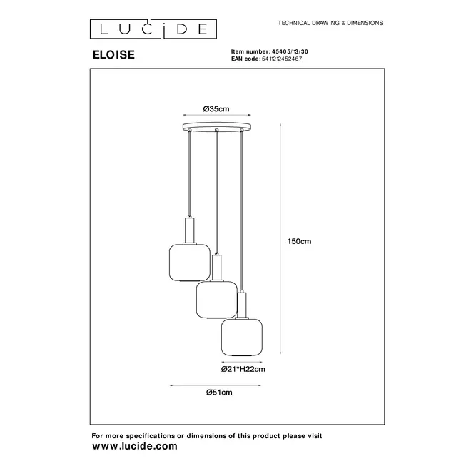 Lucide ELOISE - Hanglamp - Ø 40 cm - 3xE27 - Zwart