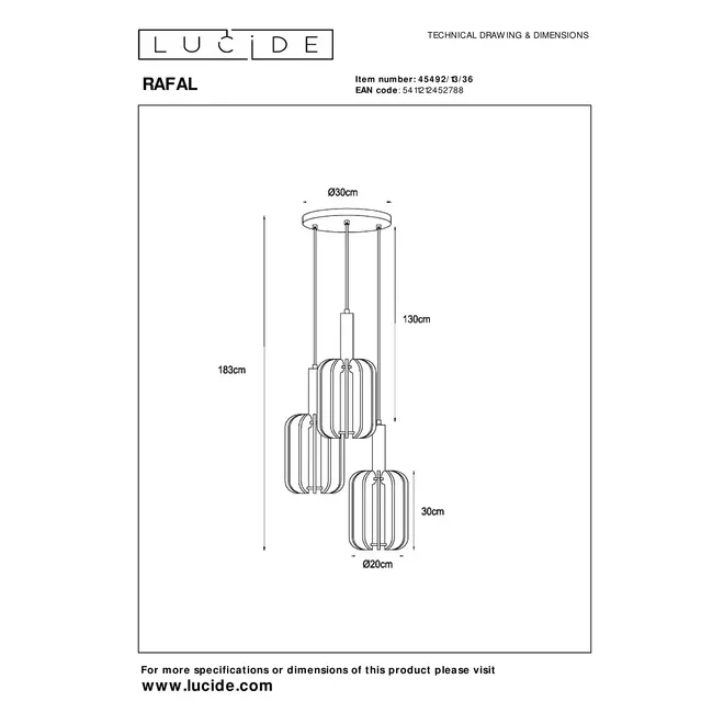 Lucide RAFAL - Hanglamp - Ø 50 cm - 3xE27 - Grijs