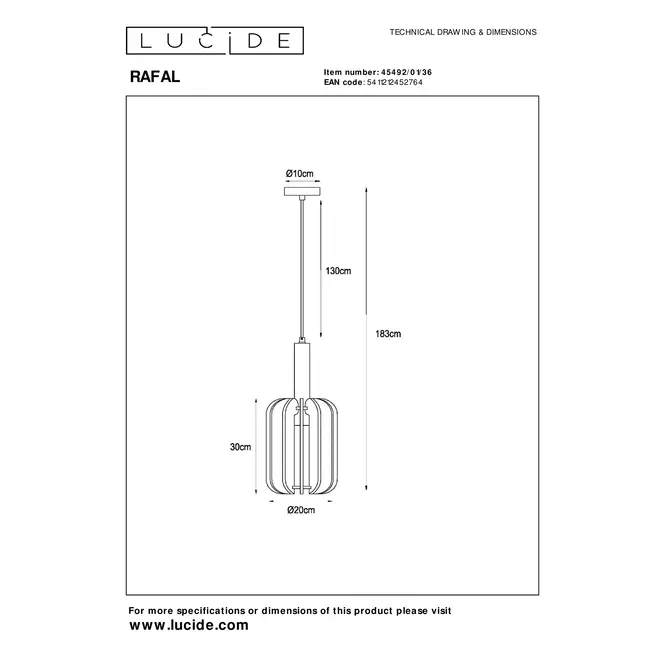 Lucide RAFAL - Hanglamp - Ø 20 cm - 1xE27 - Grijs