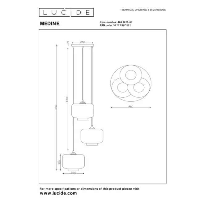 Lucide MEDINE - Hanglamp - Ø 46 cm - 3xE27 - Opaal