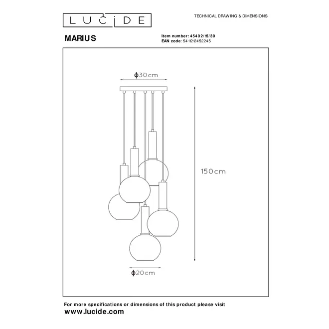 Lucide MARIUS - Hanglamp - Ø 55 cm - 5xE27 - Zwart