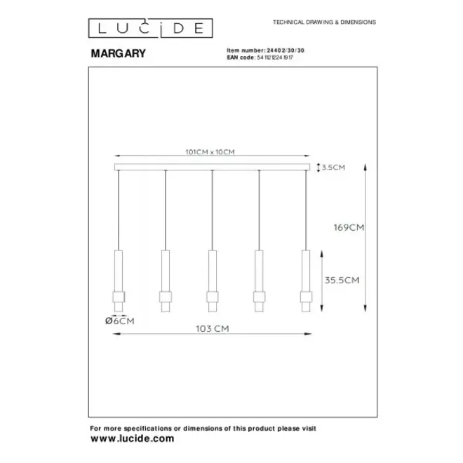 Lucide MARGARY - Hanglamp - LED Dimb. - 5x4,2W 2700K - Zwart
