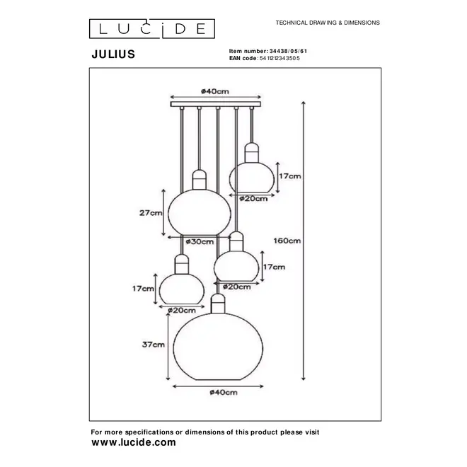 Lucide JULIUS - Hanglamp - 5xE27 - Opaal