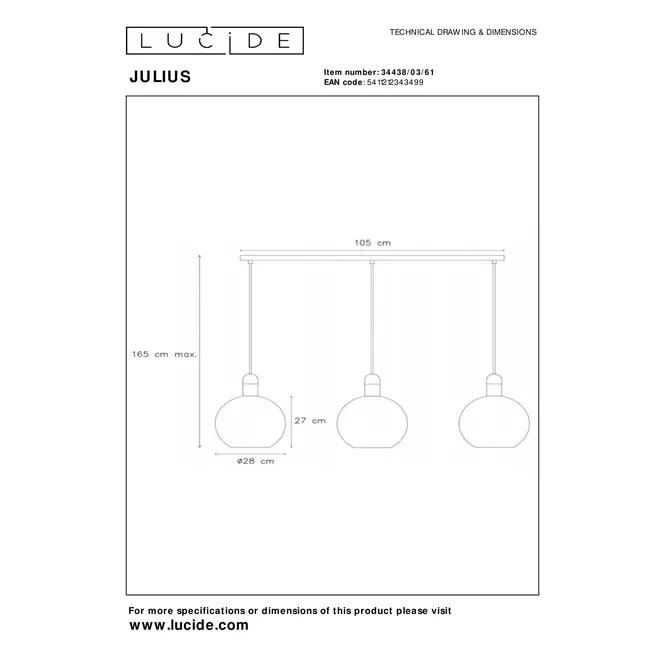 Lucide JULIUS - Hanglamp - 3xE27 - Opaal