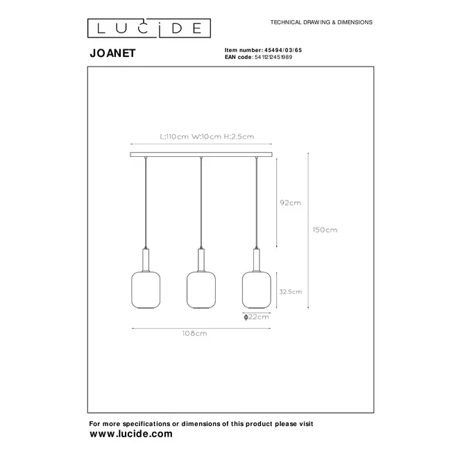 Lucide JOANET - Hanglamp - 3xE27 - Fumé