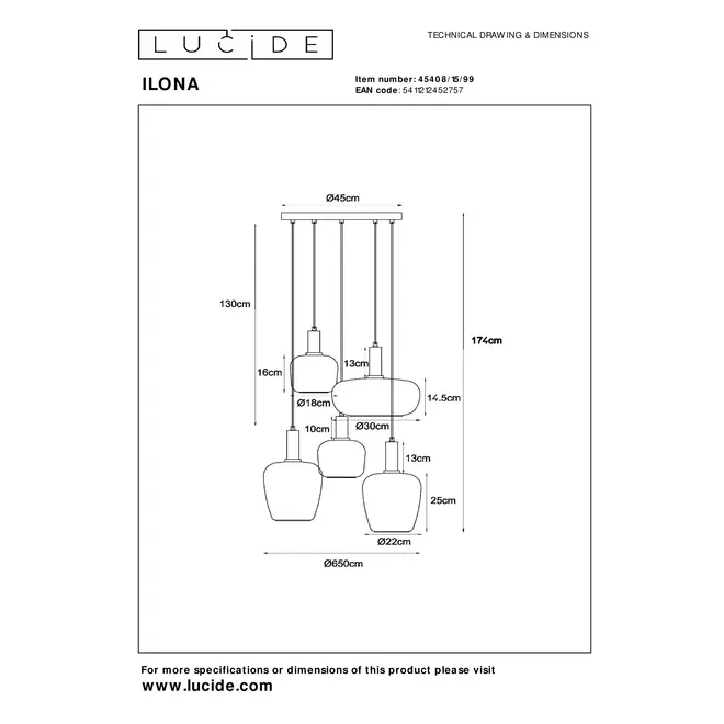 Lucide ILONA - Hanglamp - 5xE27 - Zwart