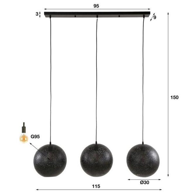 Hanglamp 3x Ø30 zip / Artic zwart