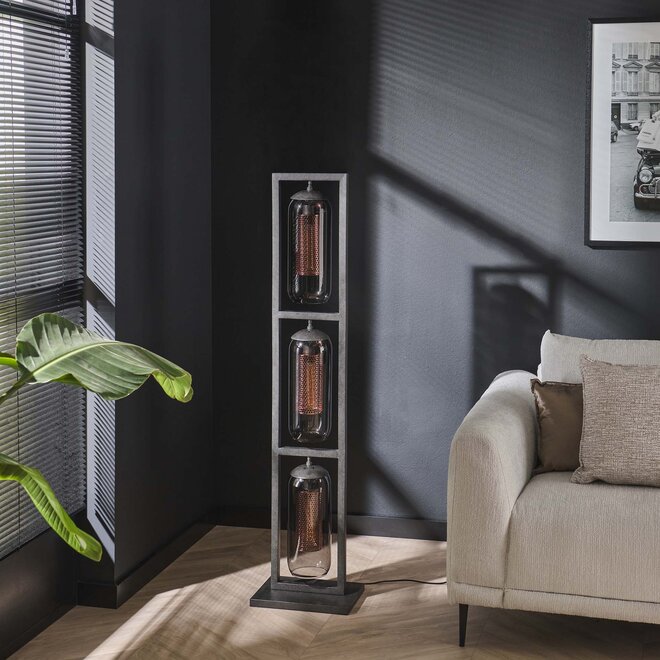 Vloerlamp 3L tower smoke glas-geperforeerd staal / Artic zwart