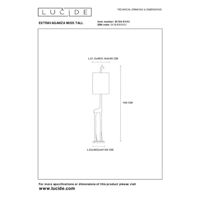 Lucide EXTRAVAGANZA MISS TALL - Vloerlamp - Ø 31,5 cm - 1xE27 - Mat Goud / Messing