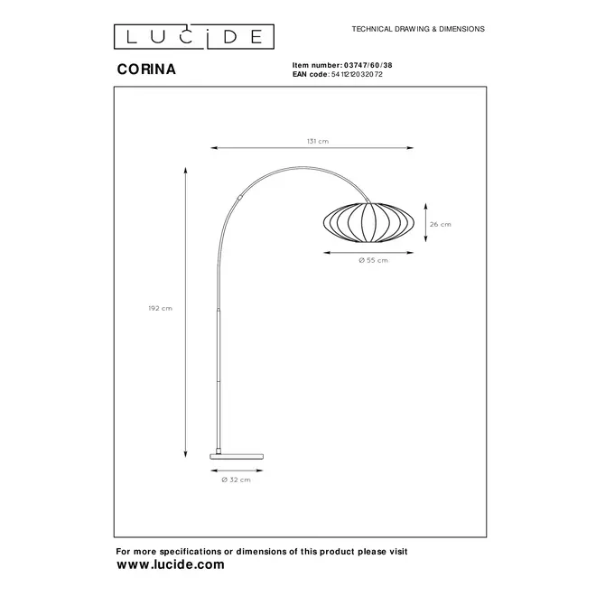 Lucide CORINA - Booglamp - 1xE27 - Beige