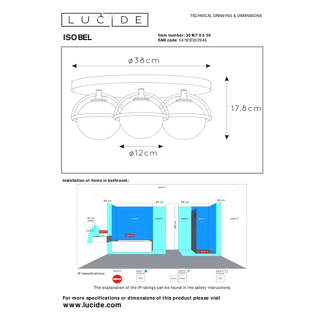 Lucide ISOBEL - Plafonnière Badkamer - Ø 38 cm - 3xG9 - IP44 - Zwart