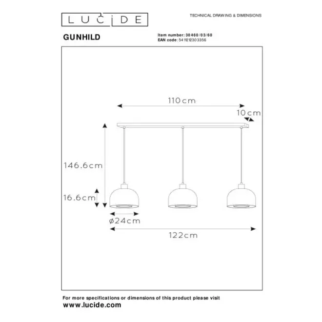 Lucide GUNHILD - Hanglamp - 3xE27 - Transparant