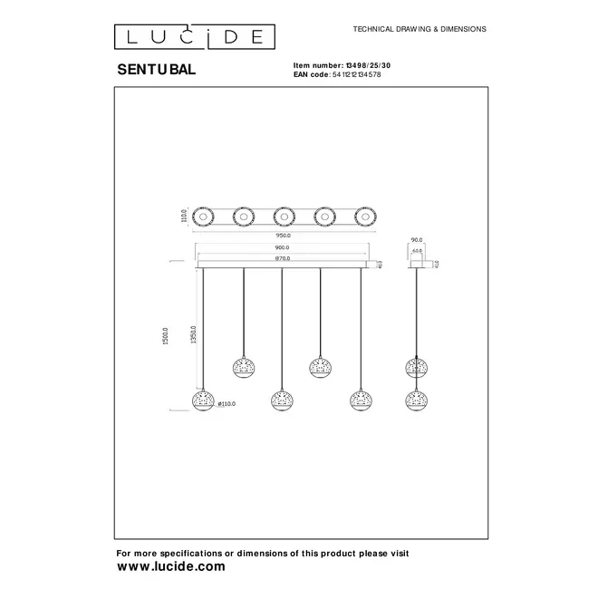 Lucide SENTUBAL - Hanglamp - LED Dimb. - 5x5,3W 2700K - Zwart