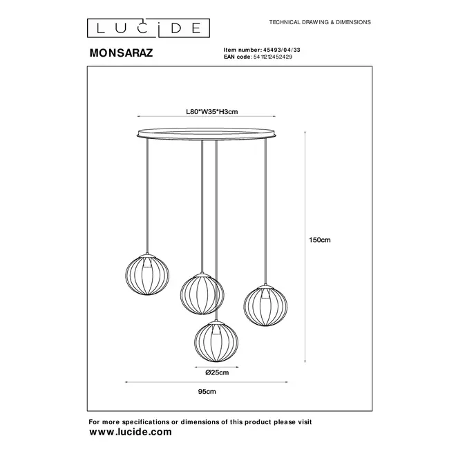 Lucide MONSARAZ - Hanglamp - 4xE27 - Groen