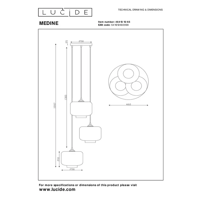 Lucide MEDINE - Hanglamp - Ø 46 cm - 3xE27 - Fumé