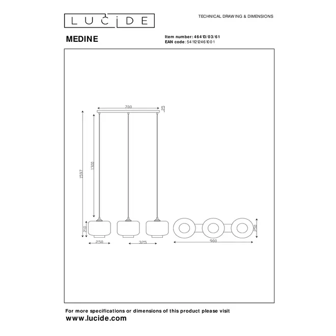 Lucide MEDINE - Hanglamp - 3xE27 - Opaal