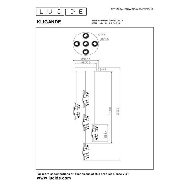 Lucide KLIGANDE - Hanglamp - Ø 30 cm - LED Dimb. - 5x8W 2700K - Zwart