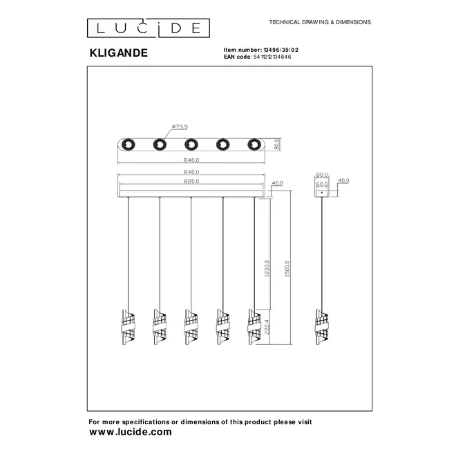 Lucide KLIGANDE - Hanglamp - LED Dimb. - 5x7,8W 2700K - Mat Goud / Messing