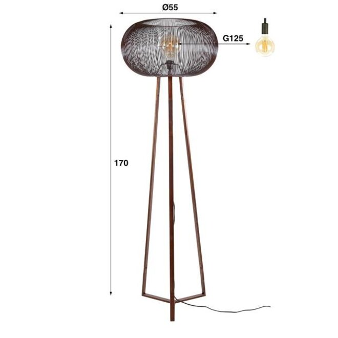 Vloerlamp 3-poot copper twist / Zwart nikkel
