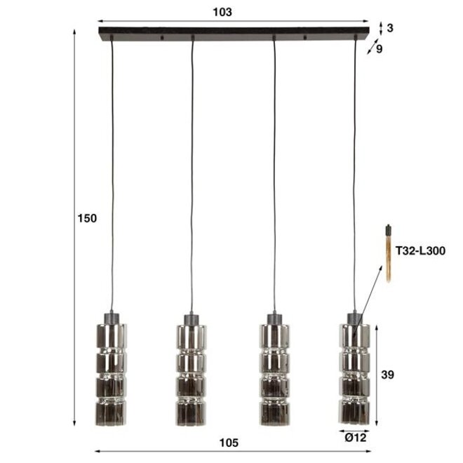 Hanglamp 4L cylinder glas / Artic zwart
