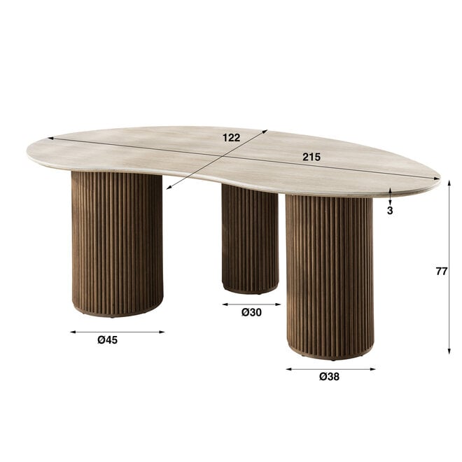 Eettafel Romano niervormig 215cm / 3D keramiek travertin