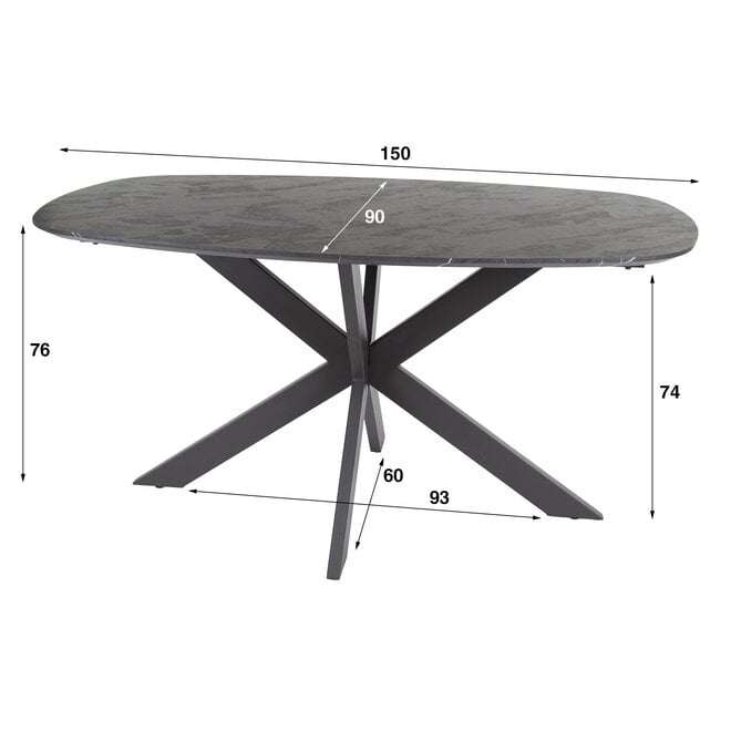 Eettafel Onyx Cross deens ovaal 150cm / 3D melamine graphite