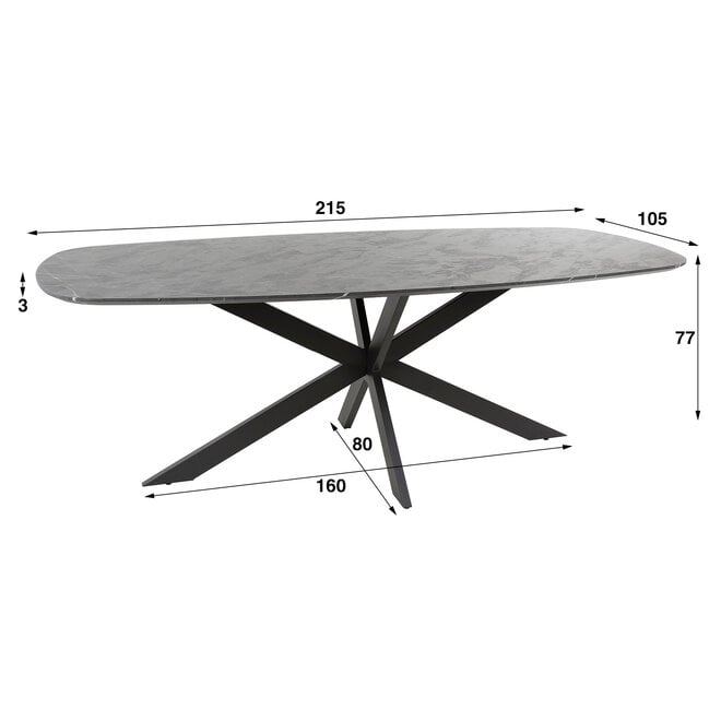 Eettafel Onyx Cross deens ovaal 215cm / 3D melamine graphite