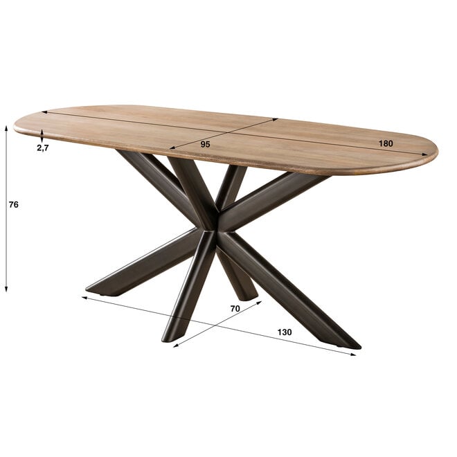 Eettafel Cliff ovale buis 180cm / Massief mango zand