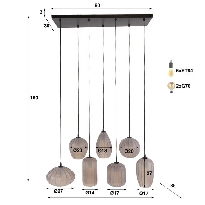 Hanglamp Altura 4+3-lichts / Sienna bruin-frosted