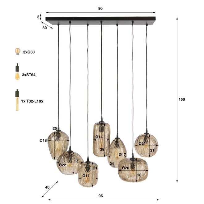 Hanglamp Chevron 4+3-lichts / Smoke bruin glas
