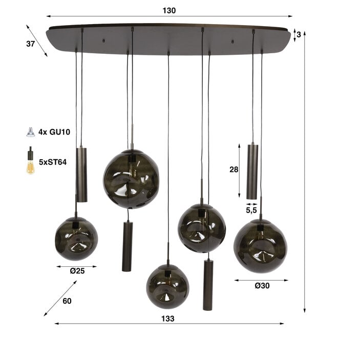 Hanglamp Stellar pendel 5+4-lichts / Sienna bruin
