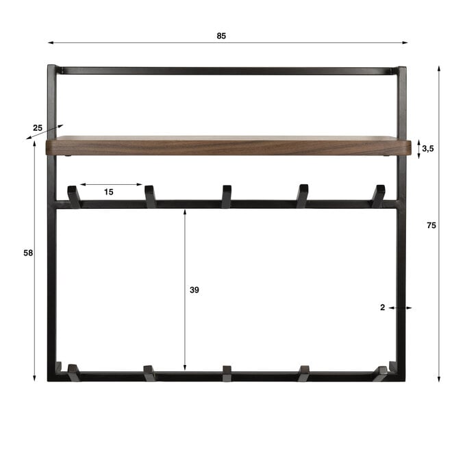 Kapstok Air Pure hoog 2x6 haken / Massief acacia bruin