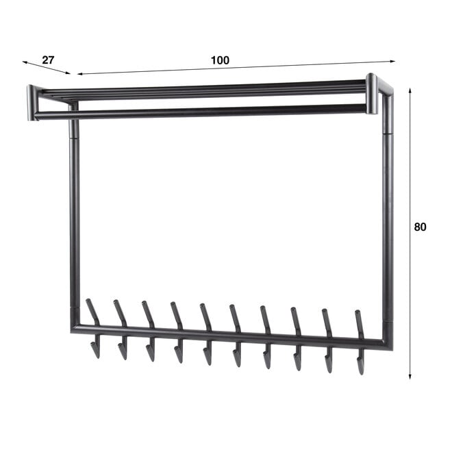 Kapstok Tubo hoog roede en hoedenplank 2x10 haken / Mat donkergrijs