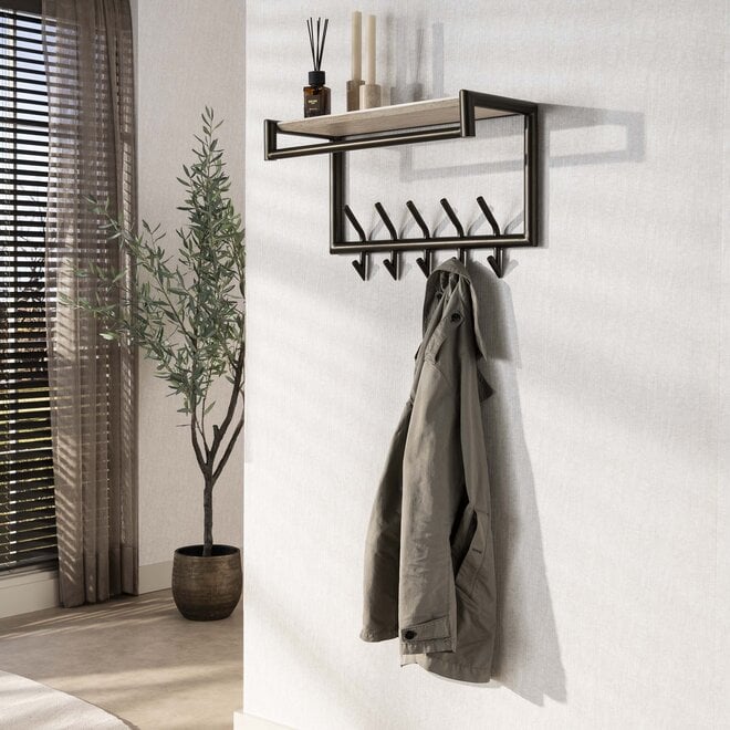 Kapstok Terra roede en hoedenplank 2x5 haken 65cm / Melamine travertine
