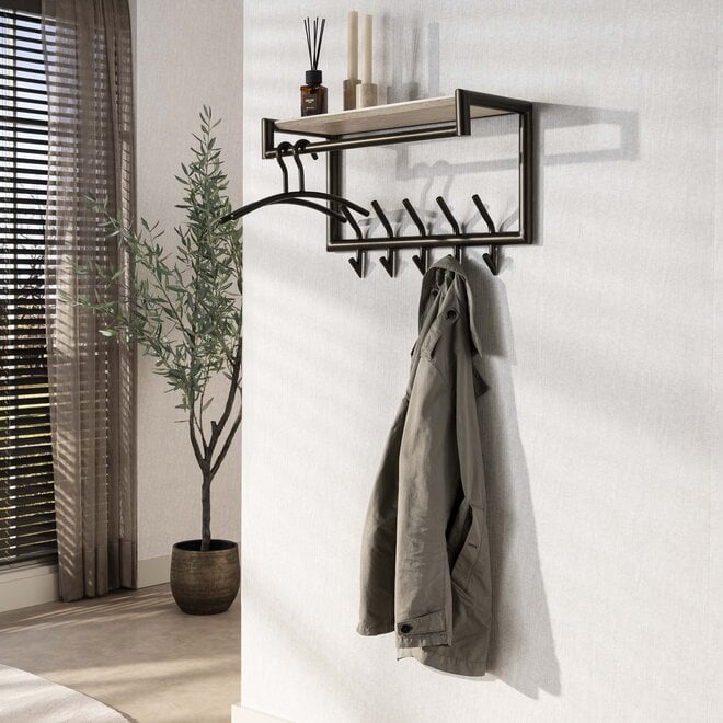 Kapstok Terra roede en hoedenplank 2x5 haken 65cm / Melamine travertine
