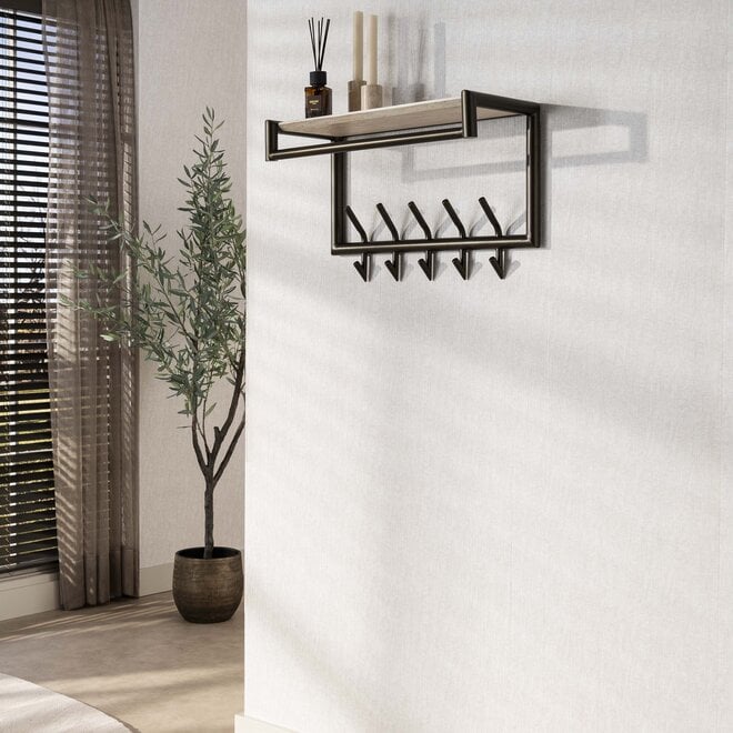 Kapstok Terra roede en hoedenplank 2x5 haken 65cm / Melamine travertine